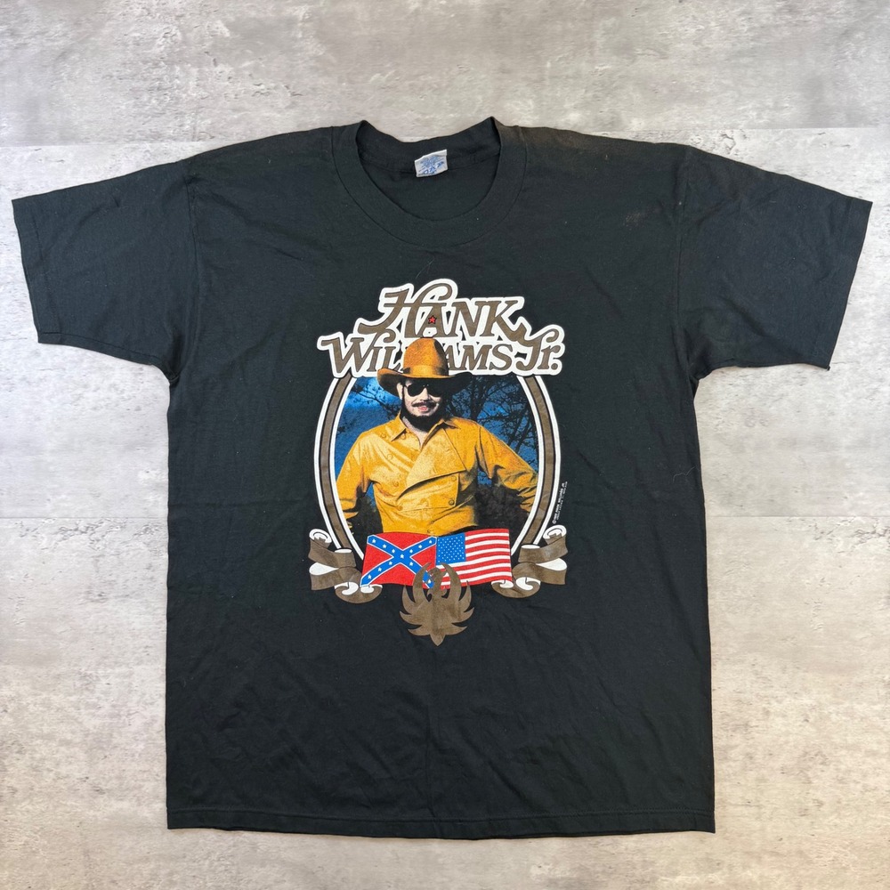 Vintage 1989 Hank Williams Jr T Shirt Sun Sportswear Black Large Single Stitch